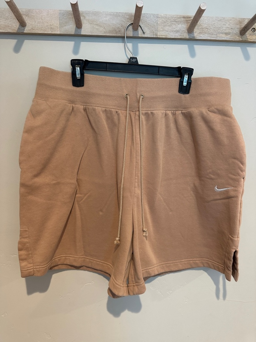 Nike Women's Tan Drawstring Athletic Shorts with White Swoosh